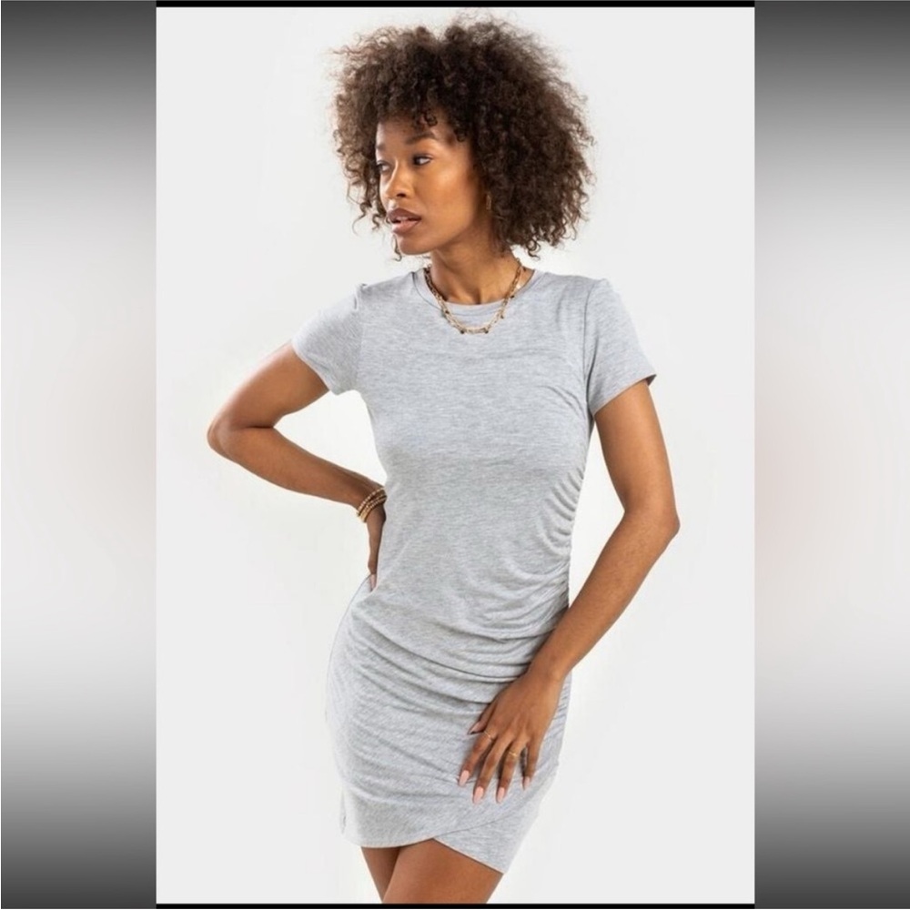 Francesca's Gray Short Sleeve Asymmetrical Ruched Bodycon Dress Size XS